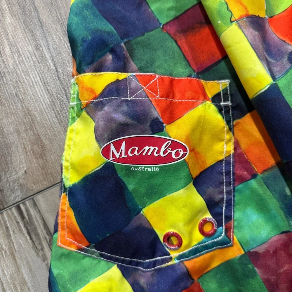 Mambo Board Shorts Mens Medium Multi Color Watercolor Checkerboard Swim Trunks
